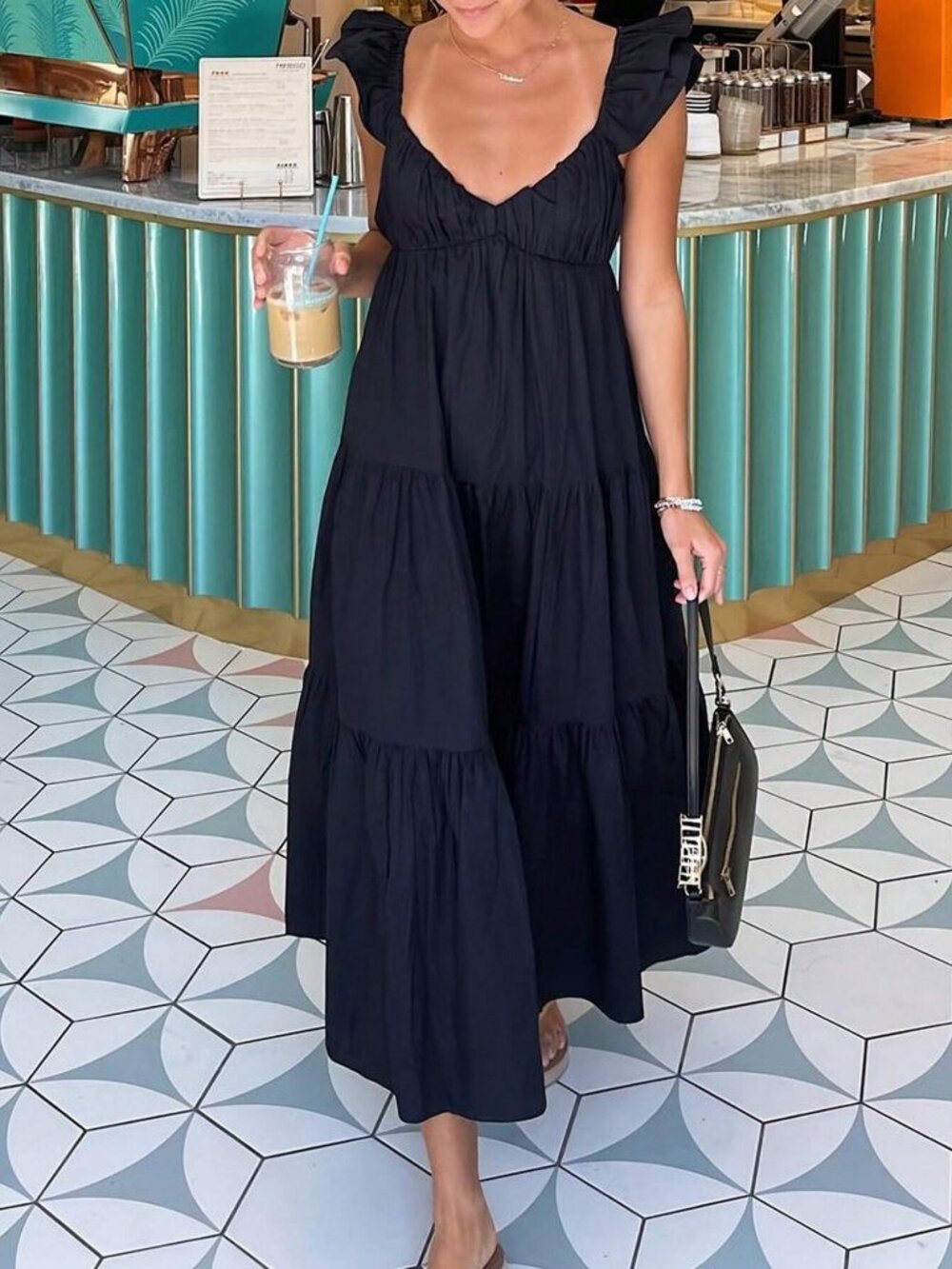 Loose Spaghetti Strap Flutter Sleeve Midi Dress, Solid Color V Neck - SIZE LARGE